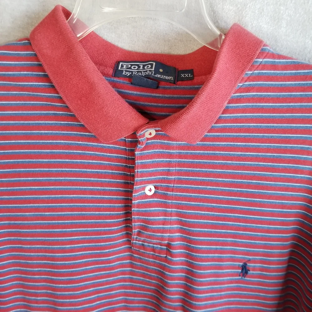 Vintage Ralph Lauren Men's 2XL Polo Shirt‎ Red Blue Stripe Short Sleeve Golf
